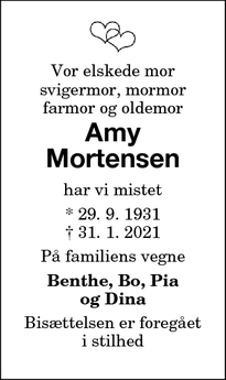 Dødsannoncen for Amy
Mortensen - Nr. Alslev