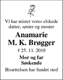 Dødsannoncen for Anamarie
M. K. Brøgger - Nyborg