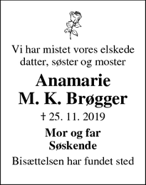 Dødsannoncen for Anamarie
M. K. Brøgger - Nyborg