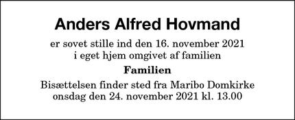 Dødsannoncen for Anders Alfred Hovmand - Fuglse