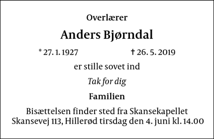 Dødsannoncen for Anders Bjørndal - Hillerød