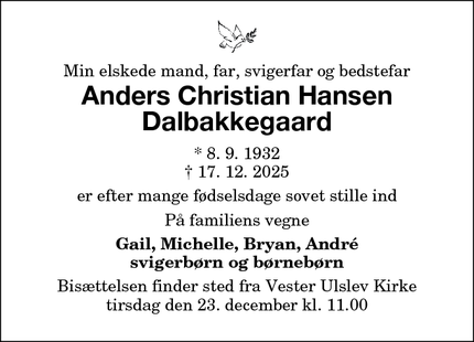Dødsannoncen for Anders Christian Hansen
Dalbakkegaard - Vester Ulslev