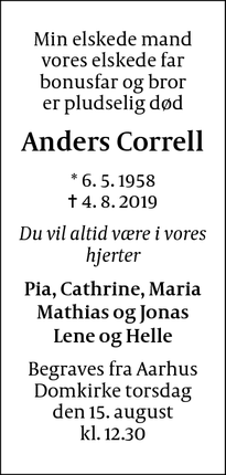Dødsannoncen for Anders Correll - Aarhus