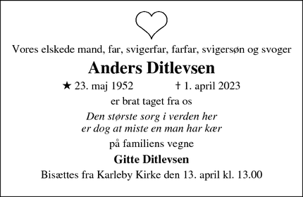 Dødsannoncen for Anders Ditlevsen - 4800 Nykøbing F