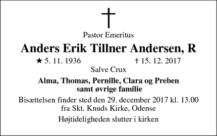 Dødsannoncen for Anders Erik Tillner Andersen, R - Odense C
