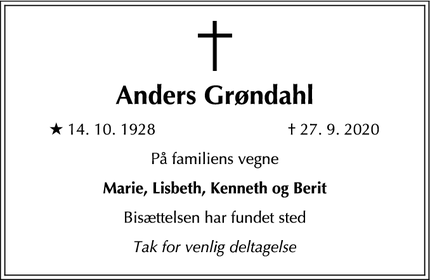 Dødsannoncen for Anders Grøndahl - København