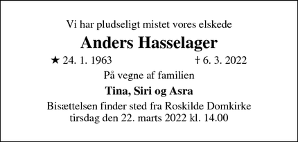 Dødsannoncen for Anders Hasselager - Roskilde