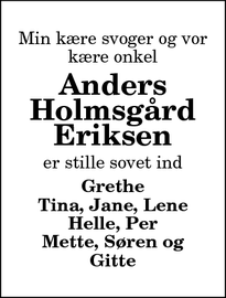 Dødsannoncen for Anders Holmsgård Eriksen - Fjerdslev