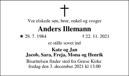 Dødsannoncen for Anders Illemann - Frederikssund