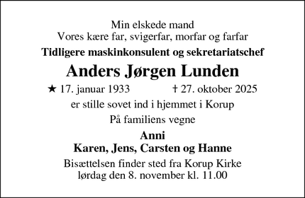 Dødsannoncen for Anders Jørgen Lunden - Korup, Odense N.V.