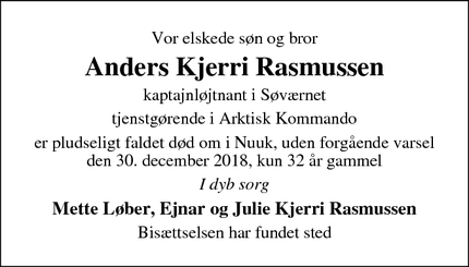 Dødsannoncen for Anders Kjerri Rasmussen - Glesborg