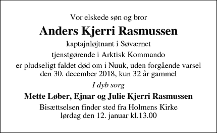 Dødsannoncen for Anders Kjerri Rasmussen - Glesborg