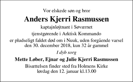 Dødsannoncen for Anders Kjerri Rasmussen - Glesborg