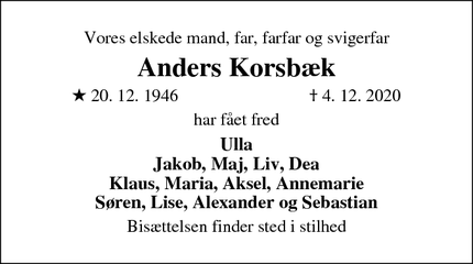 Dødsannoncen for Anders Korsbæk - Sorø