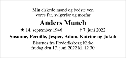 Dødsannoncen for Anders Munch - Dragør