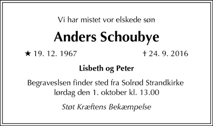 Dødsannoncen for Anders Schoubye - Solrød Strand