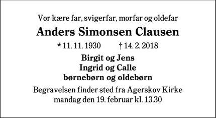 Dødsannoncen for Anders Simonsen Clausen - Agerskov