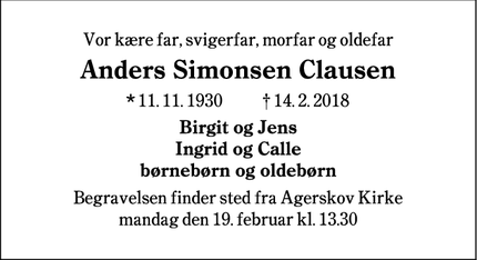 Dødsannoncen for Anders Simonsen Clausen - Agerskov