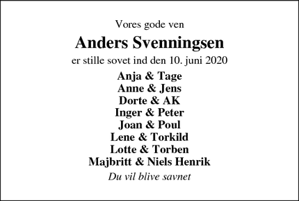 Dødsannoncen for Anders Svenningsen - Breum
