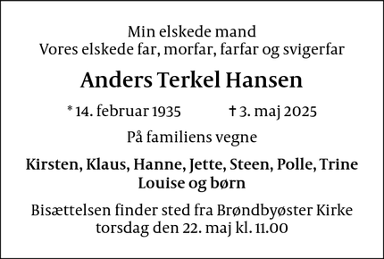Dødsannoncen for Anders Terkel Hansen - Brøndbyøster