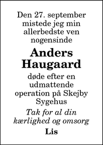 Dødsannoncen for Anders
Haugaard - Nørresundby
