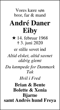 Dødsannoncen for André Daner
Eiby - Frederiksværk 