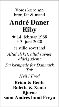 Dødsannoncen for André Daner
Eiby - Frederiksværk