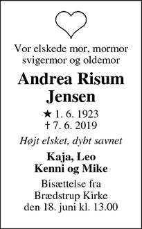 Dødsannoncen for Andrea Risum
Jensen - Haderslev