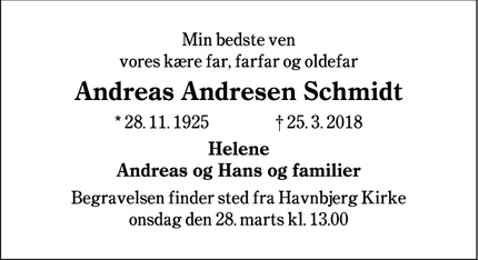 Dødsannoncen for Andreas Andresen Schmidt - Nordborg