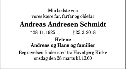 Dødsannoncen for Andreas Andresen Schmidt - Nordborg