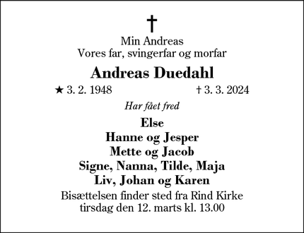 Dødsannoncen for Andreas Duedahl - Herning