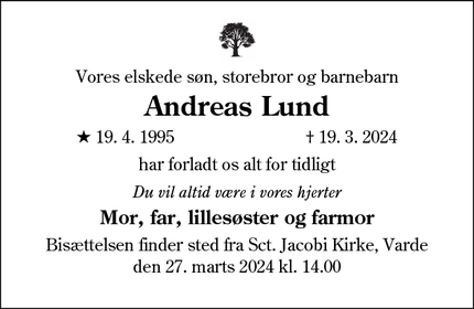 Dødsannoncen for Andreas Lund - Frederiksberg