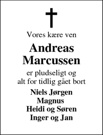Dødsannoncen for Andreas Marcussen - Hvidbjerg