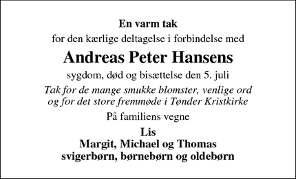 Taksigelsen for Andreas Peter Hansens - Tønder, Danmark