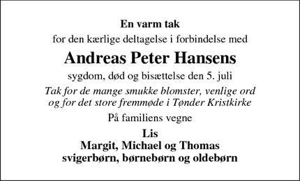 Taksigelsen for Andreas Peter Hansens - Tønder, Danmark