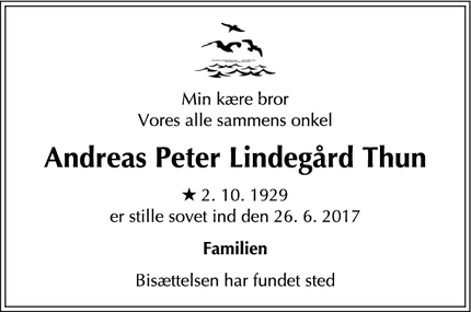 Dødsannoncen for Andreas Peter Lindegård Thun - middelfart