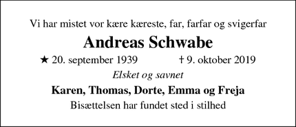 Dødsannoncen for Andreas Schwabe - Hillerød