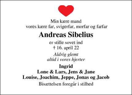Dødsannoncen for Andreas Sibelius - Gram