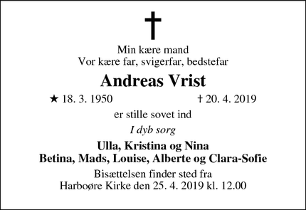 Dødsannoncen for Andreas Vrist - Harboøre