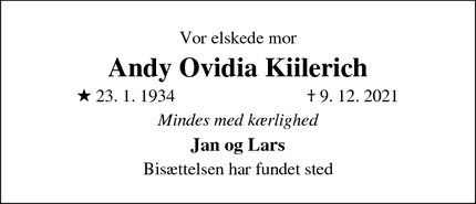 Dødsannoncen for Andy Ovidia Kiilerich - København V