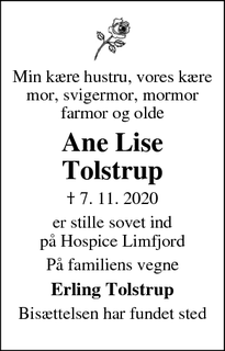 Dødsannoncen for Ane Lise Tolstrup - Ørum
