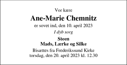 Dødsannoncen for Ane-Marie Chemnitz - Klokkerholm