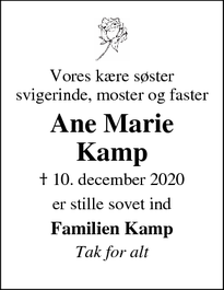 Dødsannoncen for Ane Marie Kamp - Skjern