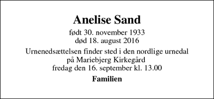 Dødsannoncen for Anelise Sand - Odense