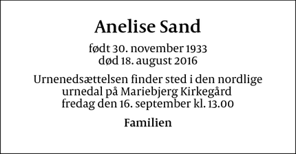 Dødsannoncen for Anelise Sand - Odense
