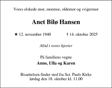 Dødsannoncen for Anet Bilø Hansen - Aarhus C