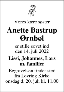 Dødsannoncen for Anette Bastrup
Ørnbøl - Viborg