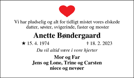 Dødsannoncen for Anette Bøndergaard - Hvide Sande
