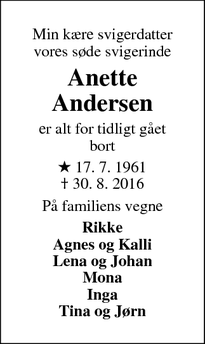 Dødsannoncen for Anette Andersen - Løgumkloster