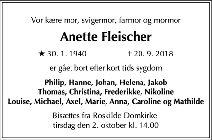 Dødsannoncen for Anette Fleischer - Roskilde